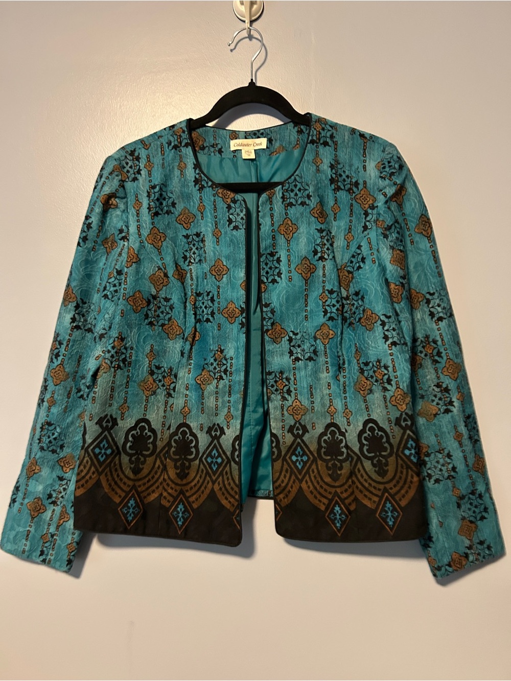 Coldwater Creek Teal and Brown Patterned Open-Front Blazer